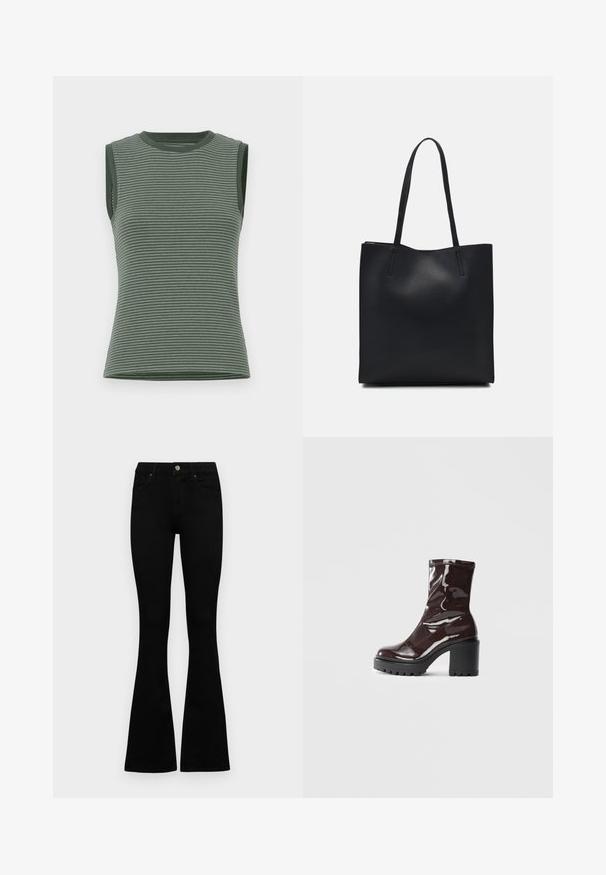 Bezrokavnik v umirjeni zeleni barvi, ki ima vodoravne črte, rebrasto teksturo in okroglo izrezane rokave s kontrastnimi obrobami.; Črne visokotopne kavbojke z gumbom in zadrgo, sprednjimi žepi in razširjenimi hlačnicami, poleg bel background.; Sijajan škrlatank z bleščečim videzom, z masivnim črnim peto, ki se ponaša z gladko teksturo in preprostim dizajnom. Brez vidnih zapenjal ali vzorcev.; Črna usnjena torba s svilnato teksturo, pravokotne oblike in dvema dolgima ročajema. Brez vidnih metalnih delov ali okrasnih elementov.