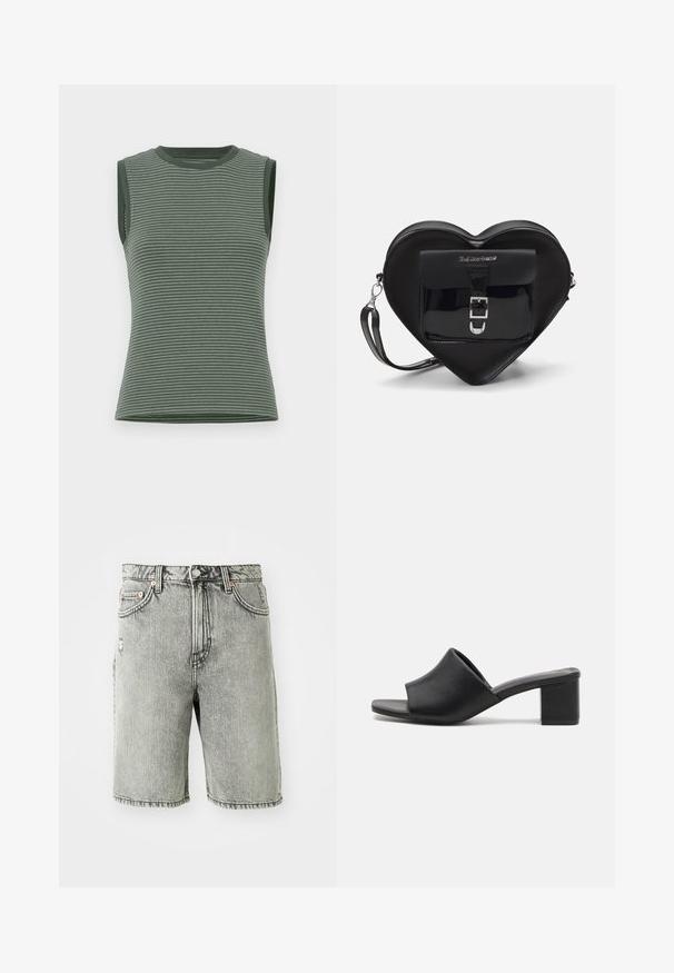 Rankovi marškiniai sodriame žaliai, su horizontaliomis juostomis, raukšlėta tekstūra ir apvaliu iškirpimu su kontrastingomis rankovių apdailomis.; Pilki džinsiniai šortai su klasikinio penkių kišenių dizainu, išblukusia apdaila ir siuvinėjimu ties apačia bei juosmeniu.; Juodi odiniai mules su blokuoto kulno, atviru pirštu, kuriais galima mėgautis sklandžiu paviršiumi ir šiek tiek užlenktu viršumi, užtikrinančiu komfortą ir stilių.; Juodas širdelės formos maišelis, pagamintas iš lakinės odos, su priekinėmis kišenėmis, uždarančiomis sagtimi ir nuimamu dirželiu. Sidabro spalvos detalės.