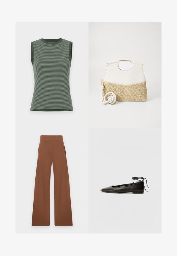 Top senza maniche di un verde tenue, con strisce orizzontali, texture a costine e scollatura a girocollo con bordi delle aperture delle maniche in contrasto.; Pantaloni a gamba larga marroni realizzati in un tessuto liscio e stretch. Presentano una vita alta e tasche laterali, progettati per un fit rilassato.; Ballerine in pelle nera con punta affusolata, laccio alla caviglia e suola piatta, caratterizzate da una texture liscia e un design minimalista.; Borsa a tracolla bianca in pelle con fondo in tessuto intrecciato crema dalla texture. Presenta un manico dorato e una tracolla bianca avvolta per maggiore versatilità.