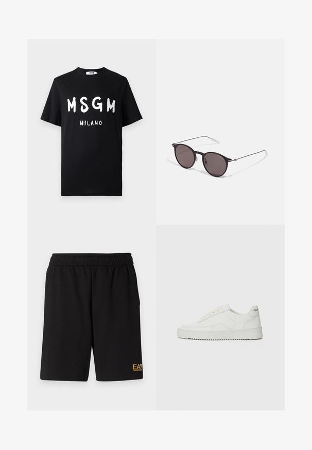 Czarny t-shirt z bawełny z odważnym białym napisem "MSGM MILANO". Krótkie rękawy i okrągły dekolt. Gładka tekstura z luźnym krojem.; Czarne sportowe szorty wykonane z miękkiego materiału, z elastycznym paskiem w talii oraz małym, żółtym logo EA7 na dolnej lewej nodze.; Białe skórzane sneakersy o gładkim wykończeniu, okrągłym nosku, płaskich sznurówkach i teksturowanej podeszwie. Charakteryzują się delikatnym logo na pięcie.; Czarne okrągłe okulary przeciwsłoneczne z ciemnymi soczewkami i smukłymi metalowymi ramkami. Zawierają przezroczyste końcówki zauszników oraz srebrne akcenty przy zawiasie. Minimalistyczny design.