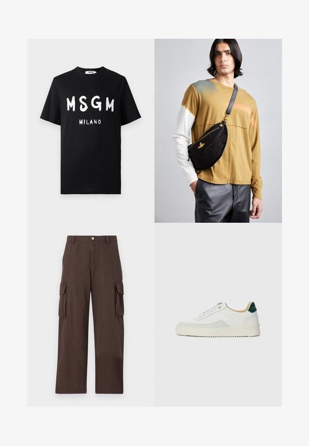 Svart bomulls t-skjorte med fet hvit tekst "MSGM MILANO." Korte ermer og rund hals. Glatt tekstur med en avslappet passform.; Han Kjøbenhavn CARGO TROUSERS - Cargobukse - dark brown; Hvit sneakers med semsket detaljer, rund tå, flate snøringer og en kremfarget gummisåle. Har grønn merking på hælen.; Vivienne Westwood CITY BUMBAG UNISEX - Rumpetaske - black