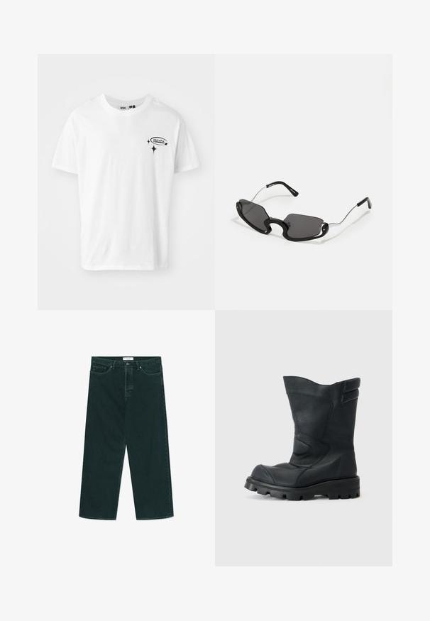 White cotton t-shirt with short sleeves, round neckline, and a black printed logo on the left chest area. Smooth texture, casual design.; Dark green wide-leg denim jeans with button and zip closure, front pockets, and belt loops, laid flat on a white background.; Black leather boot with a textured finish, high shaft, defined toe cap, and rugged outsole. Features minimal stitching and padded collar.; Black sunglasses with a unique shield shape, featuring dark lenses and thin silver metal arms. The frames have rounded accents and a bold design.