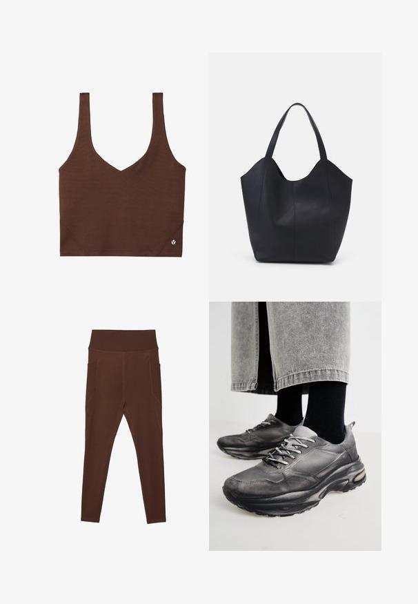Brun sportstop med V-halsdesign, lavet af glat, strækbart stof. Den har brede stropper og en lille logoaccent ved kanten.; Brune leggings lavet af strækbart materiale med et ribbet højt taljebånd og sidelommer. Har fladlock-syninger for ekstra holdbarhed.; Sorte og grå atletiske sko har en mesh-overdel, tykke såler og snørebånd. De har en afrundet tå og synligt dæmpningsdetalje.; Sort tote taske lavet af glat læder, med en buet, åben top, to skulderstropper og et minimalistisk design.