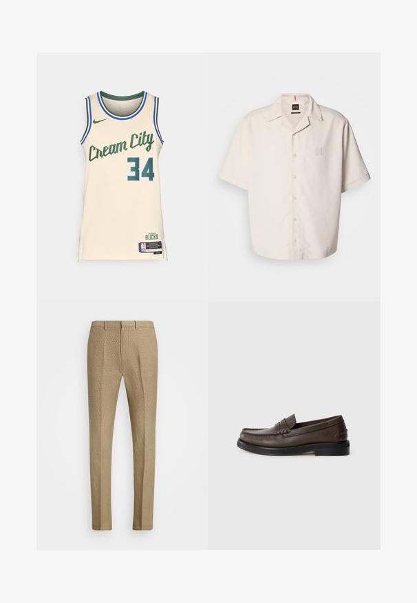 Bežinė "Cream City" krepšinio marškinėliai su žaliais akcentais ir mėlynu apvadu. Su "Cream City" užrašu ir skaičiumi "34". Rodoma Nike logo.; Trumpas, kreminės spalvos marškiniai su trumparankoviais, pagaminti iš lygaus audinio, turintys mažą kvadratinį logotipo kišenę ir klasikinio dizaino apykaklę.; Šviesiai rudi chinos kelnės, pagamintos iš tekstūruotos medžiagos, su tiesiu priekiniu diržu, standartiniu liemeniu ir siaurėjančiomis kojomis, su priekinėmis kišenėmis ir švariu užbaigimu.; Rudos odiniai loaferiai su apvalia nosimi, detaliu siuvimu ir plokščiu juodu padu. Savyje turi mažą dekoratyvinę juostą ant pėdos viršaus.