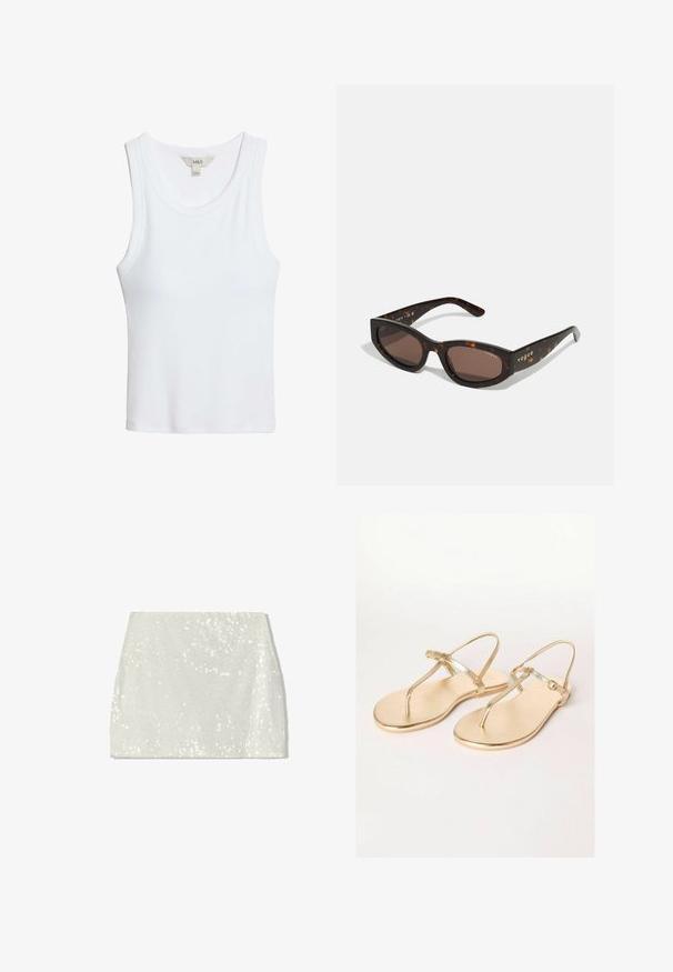 Hvid ribbet ærmeløs tanktop med rund halsudskæring og M&S-label ved kraven, lagt fladt på en hvid baggrund.; Bershka A-snit nederdel - white; Friends Like These REGULAR FIT - TOE THONG FIT - Sandaler m/ tåsplit - gold; Brune skildpaddemønstrede solbriller med rektangulær form, mørkebrune linser og guld "vogue" branding på stængerne.; Metallic guld skuldertaske med en buet form, glat tekstur, en flad rem og en dekorativ spænde-detail foran.; Guldtonet bangle med en glat yderside og tekstureret inderside. Udstyret med et bredt, afrundet design med en åben udskæring på den ene side.