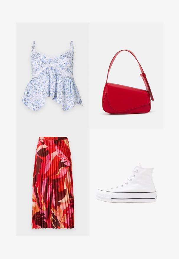 Svetlomodrý kvetinový top na ramienka s tenkými popruhmi, čipkovým zakončením a rozšíreným spodným okrajom. Materiál sa zdá byť mäkký s jemným kvetinovým vzorom.; Kvetinová blúzka s dlhými puff rukávmi, svetlovo krémovej farby, so vzormi kvetov v purpurovej, oranžovej a zelenej farbe, a klasickým dizajnom goliera.; Plisovaná maxi sukňa v živých červených, ružových a hnedých kvetinových vzoroch. Elastický pás a hladká textúra zvyšujú pohodlie a štýl.; Biele vysoké plátené tenisky s čiernou gumovou podošvou, prednou gumovou špičkou a šiestimi okami na šnúrky, s čistým, minimalistickým dizajnom.; Červená kožená kabelka s ostrým, geometrickým dizajnom. Má jeden nastaviteľný popruh a uzatváranie na klopu so šitím.