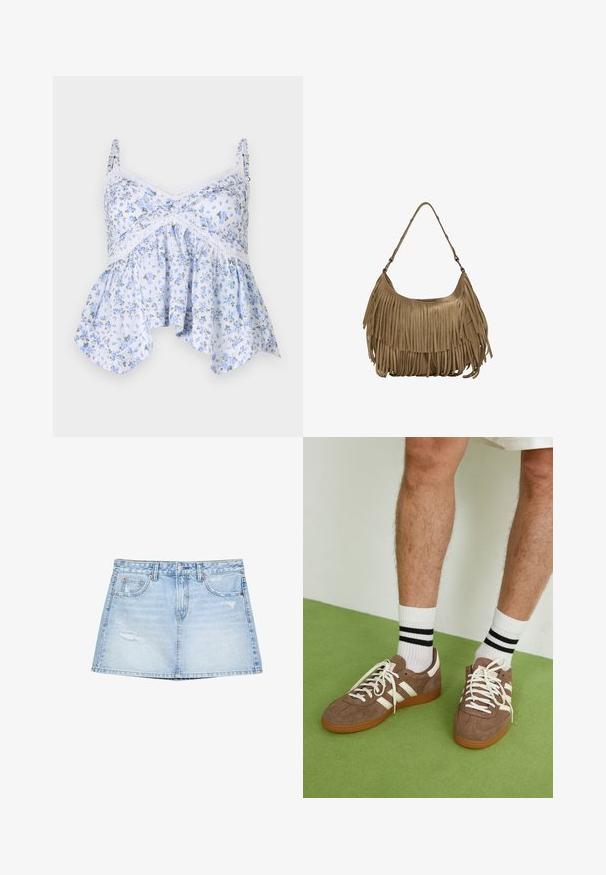 Lyseblå blomstret top med tynde stropper, blondekant og vidde forneden. Materialet synes blødt med et delikat blomstermønster.; Lyseblå denimnederdel med lige snit, forlommer og slidte detaljer. Afsluttet med en knap- og lynlåslukning.; Brune ruskind sneakers med hvide detaljer og snørebånd. Gummisål i naturgummi. Båret med hvide sokker med sorte striber. Grøn struktureret gulv.; Brun ruskind skuldertaske med lange frynser, en buet form og en enkelt skulderrem. Har en glat, tekstureret overflade.