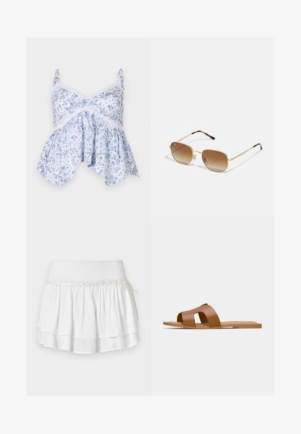 Vaaleansininen kukkakuosisella toppilla, jossa on ohuet hihnat, pitsireunus ja levenevä helma. Materiaali näyttää pehmeältä ja siinä on hienovarainen kukkakuosi.; Valkoinen kerroksellinen hame, jossa on joustava vyötärö, joka sisältää teksturoidun smokkauksellisen yksityiskohdan ja koristeellisen nauhan. Puuvillakangasta.; Ruske ploske sandale s širokimi prekrižanimi trakovi iz gladkega sintetičnega materiala in ploskim, minimalističnim podplatom.; Kultaiset metalliset aurinkolasit, joissa on geometrinen muotoilu, ruskeat harmaantuvat linssit ja mustat kilpikonnakuosiset yksityiskohdat temppeleissä.; Ruskea kangaskassi, jossa on leveä, pyöristetty muoto ja suuri leikattu kahva. Pehmeä pinta, minimalistinen muotoilu ja ei näkyvää metalliosaa.