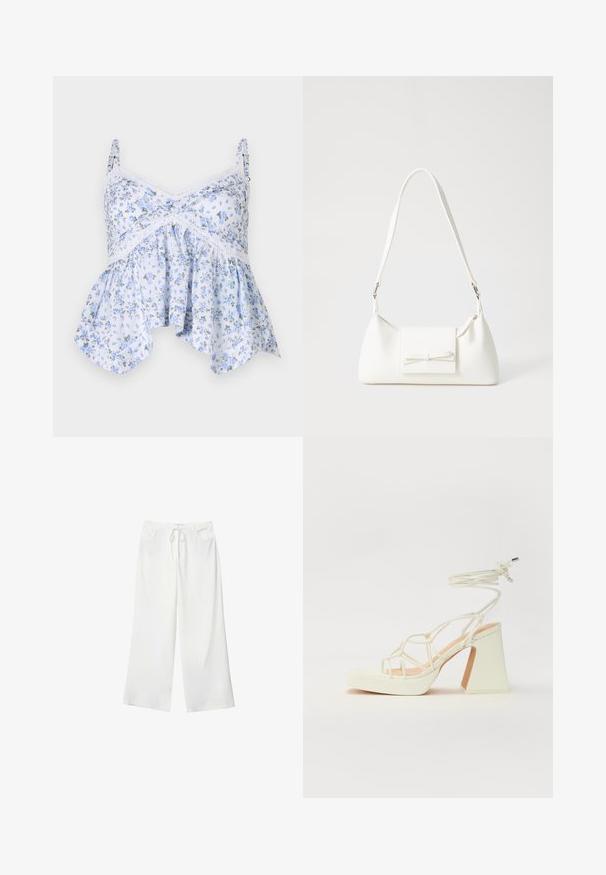 Světlomodrý květinový top bez rukávů s tenkými ramínky, krajkovým lemem a rozšířeným spodním okrajem. Materiál vypadá měkký s jemným květinovým vzorem.; Bílé široké kalhoty vyrobené z měkké látky, které mají pružný pas a dvě přední kapsy. Hladký povrch a žádné viditelné vzory.; Bílé sandály na vysokém podpatku s robustním podpatkem, s designem s pásky a zavazováním kolem kotníku. Hladký povrch s platformou vpředu pro zvýšení výšky.; Bílá syntetická kabelka v trojúhelníkovém tvaru, s plochým předním klopným víkem a detailem mašle, nastavitelným popruhem, hladkým povrchem a minimalistickým designem.