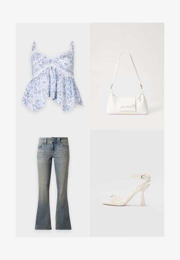 Lys blå blomstret tank topp med tynne stropper, blonderkant og flared hem. Materialet ser mykt ut med et delikat blomstermønster.; Lyseblå vide jeans laget av denim. Har to frontlommer, knappelukking og subtil falming over stoffet.; Høyhælte sandaler med stropp i hvitt lær, med et stilrent design, gjennomsiktig blokkhæl og et dekorativt element ved tåen.; Hvit syntetisk håndveske med trekantet form, flat klaff foran og sløyfe detaljer, justerbar stropp, glatt tekstur og minimalistisk design.