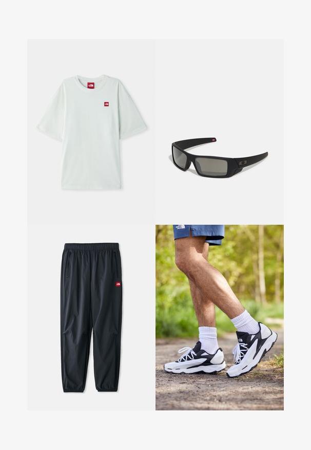Gaiši zaļa īsām piedurknēm T-kreklu, izgatavotu no mīksta kokvilnas, ar mazu sarkanu logo etiķeti kreisajā krūtīs. Brīvs griezums un apaļa kakla izgriezums.; Melnas vieglas bikses, izgatavotas no sintētiskā materiāla, ar elastīgu jostu, ar rāvējslēdzēju sānu kabatām un mazu sarkanu logotipa uzšuvumu.; Melnbalti sporta apavi ar sietiņa augšdaļu, teksturētām akcentiem un baltām šņorēm. Valkāti ar baltām potīšu zeķēm un tumši ziliem šortiem uz ceļa.; Melni saulesbrilles ar matētu apdari, taisnstūra lēcām, nedaudz izliektiem tempļiem, smalkiem logotipa elementiem un dūmu nokrāsas lēcām.