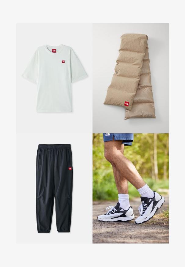 Vihreä lyhythihainen t-paita pehmeästä puuvillasta, jossa on pieni punainen logotagi vasemmassa rintakehässä. Rentoa istuvuutta ja pyöreä kaula-aukko.; Mustat kevyet housut, jotka on valmistettu synteettisestä materiaalista, joustavalla vyötärönauhalla, vetoketjullisilla sivutaskuilla ja pienellä punaisella logopatchilla.; Mustat ja valkoiset urheilukengät, joissa on verkkopinta, tekstuuriset yksityiskohdat ja valkoiset nauhat. Yhdistetty valkoisiin nilkkasukkiin ja laivaston sinisiin shortsireihin polulla.; Beige puffertubal, jossa on teksturoitu pinta, koostuu pehmustetuista osista ja siinä on punainen logotagi alaosassa.
