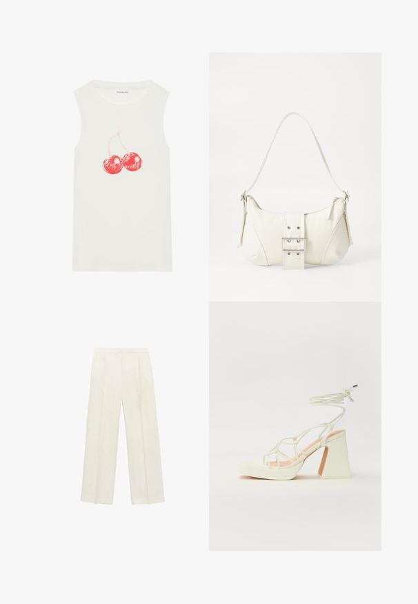 Bílý bezramínkový top vyrobený z bavlny s žebrovanou texturou, se červenou grafikou třešně a textem "Láska sladká."; Kalhoty s širokými nohavicemi v světle krémové barvě. Vyrobené z hladké tkaniny s záhyby vpředu a bočními kapsami.; Bílé sandály na vysokém podpatku s robustním podpatkem, s designem s pásky a zavazováním kolem kotníku. Hladký povrch s platformou vpředu pro zvýšení výšky.; Bílá kabelka na rameno s texturovaným povrchem, centrálním akcentem v podobě spony a zakřiveným tvarem. Zipové uzávěry na obou stranách.
