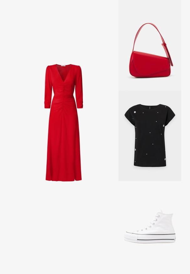 Juodas trumpas rankovėmis medvilninis marškinėlis su apvalia iškirpte. Papuoštas išsibarsčiusiais dirbtiniais perlų akcentais ir gėlių detale kairėje pusėje.; Raudona suknelė su V formos iškirpte, trimis ketvirtadaliais rankovėmis ir susiraukšlėjimo detalėmis juosmens ir nugaros srityse. Audinys atrodo lygus ir lengvas.; Balti aukštakulniai drobės sportbačiai su juodu guminio pado, priekinio guminio piršto dangteliu ir šešiais akytėmis raištams, pasižymintys švariu, minimalistiniu dizainu.; Raudona odinė rankinė su kampuota, geometrine forma. Pasižymi viena reguliuojama dirželiu ir dangteliu su siuvinėtais dekoracijomis.