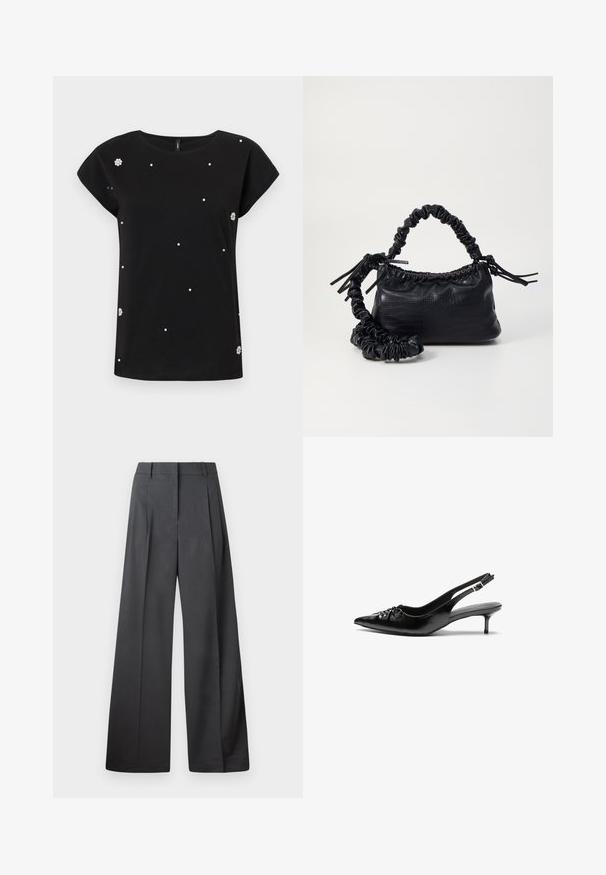 Juodas trumpas rankovėmis medvilninis marškinėlis su apvalia iškirpte. Papuoštas išsibarsčiusiais dirbtiniais perlų akcentais ir gėlių detale kairėje pusėje.; Tamsiai pilkos plačios kojos kelnės, turinčios aukštą liemenį, vieną raukšlę ir sklandžią tekstūrą su tvarkingais kraštais.; Juodos odinės slingback aukštakulniai su smailiu nosiu, mažais katės kulnais ir dekoratyvine mazgo detale priekyje. Visas paviršius lygus.; Juodas dirbtinės odos rankinė su krokodilo tekstūra, sušnibždinta viršuje ir susikraipytu dirželiu. Atrodo minkšta ir kompaktiška.