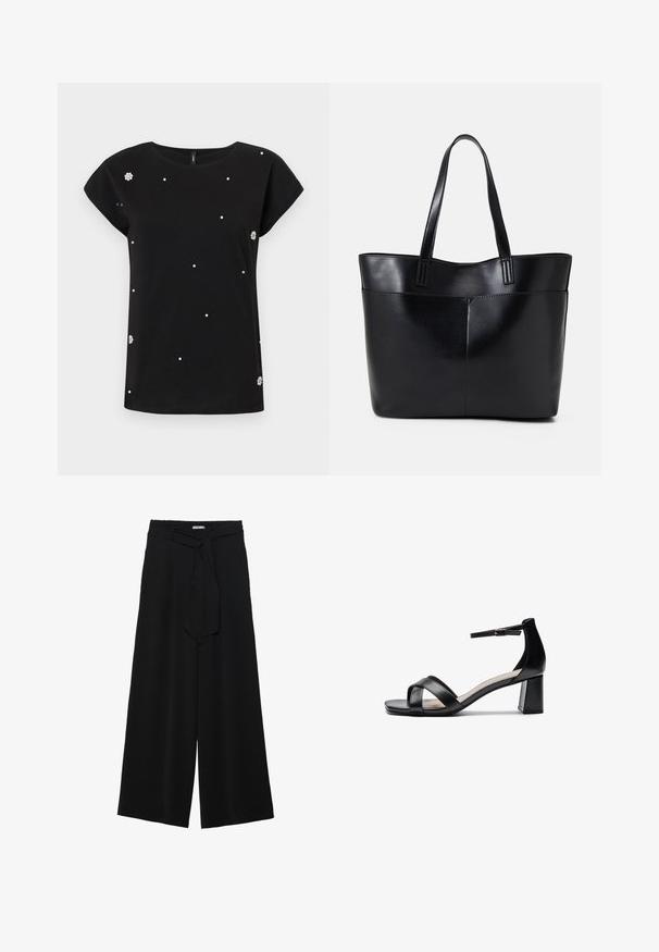 Fekete, rövid ujjú pamut póló, kerek nyakkivágással. Szétszórt műgyöngyökkel és virágos díszítéssel a bal oldalon.; Fekete, bő szárú nadrág, texturált anyagból, rugalmas derékpánttal és levehető sállal a derekán, amely állítható illeszkedést biztosít.; Fekete, nyitott orrú, sarokkal ellátott szandál keresztbe tett pántokkal, állítható bokapánttal és vastag sarokkal, sima bőrtapintással.; Fekete bőr bevásárlótáska két hosszú fogantyúval, sima felülettel és strukturált formával. Elülső zseb található rajta a plusz tárolás érdekében.