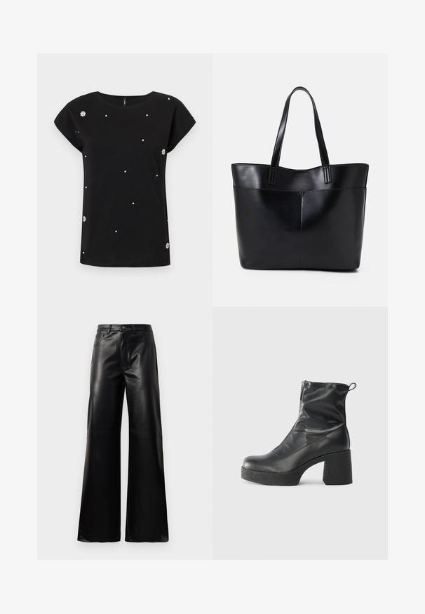 Čierne tričko s krátkym rukávom z bavlny s okrúhlym výstrihom. Ozdobené roztrúsenými umelými perlami a kvetinovým akcentom na ľavej strane.; Čierne vysokopriestené široké nohavice z umelého kože s predným gombíkom, zipsom, pútkami na opasok a bočnými vreckami na bielom pozadí.; Čierne členkové topánky z hladkej kože, so bočným zipsom, robustnou textúrovanou pätnou časťou a zaobleným dizajnom špičky.; Čierna kožená tote taška s dvoma dlhými rúčkami, hladkým povrchom a štruktúrovaným tvarom. Obsahuje prednú kapsu pre dodatočné uskladnenie.