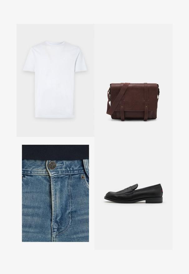 Vit bomullströja med korta ärmar, rundad halsringning och en liten, ljusfärgad fyrkantig logotyp på vänster bröst.; Jeans i denim med en ljusblå tvätt, kontrasterande vit söm och en metallknappsstängning vid midjan. Närbild av tygets struktur.; Svarta läderloafers med en slät finish, rund tå och en liten dekorativ flik. Har en låg staplad klack och subtilt varumärkesdetalj.; Brun läder budväska med en platt framklaff, två remmar, gyllene detaljer och en justerbar axelrem.