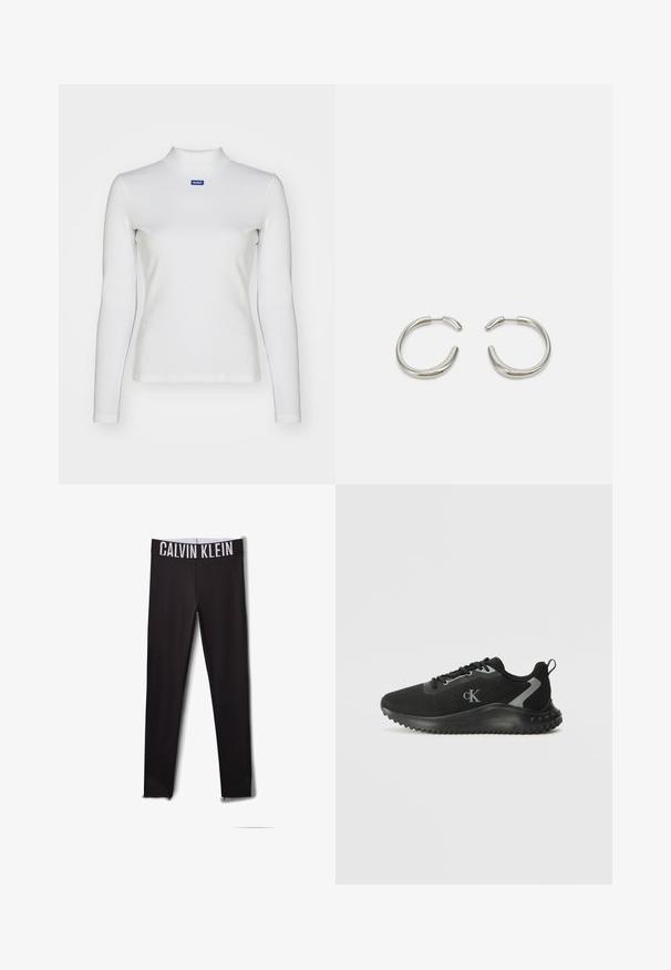 Biała, długorękawowa bluzka z golfem, wykonana z elastycznego materiału, z dopasowanym krojem i małym niebieskim logo na piersi.; Czarne legginsy z białym logo "CALVIN KLEIN" na pasku. Gładki materiał, dopasowany krój, z siateczkowymi akcentami przy kostkach.; Czarne niskie buty sportowe z oddychającej siateczki, z zapięciem na sznurowadła, teksturowaną podeszwą i logo "cK" po boku.; Srebrne kolczyki w kształcie kół z gładkim, zaokrąglonym wzornictwem i błyszczące, polerowane wykończenie. Charakteryzują się minimalistycznym kształtem z delikatnym otwarciem.
