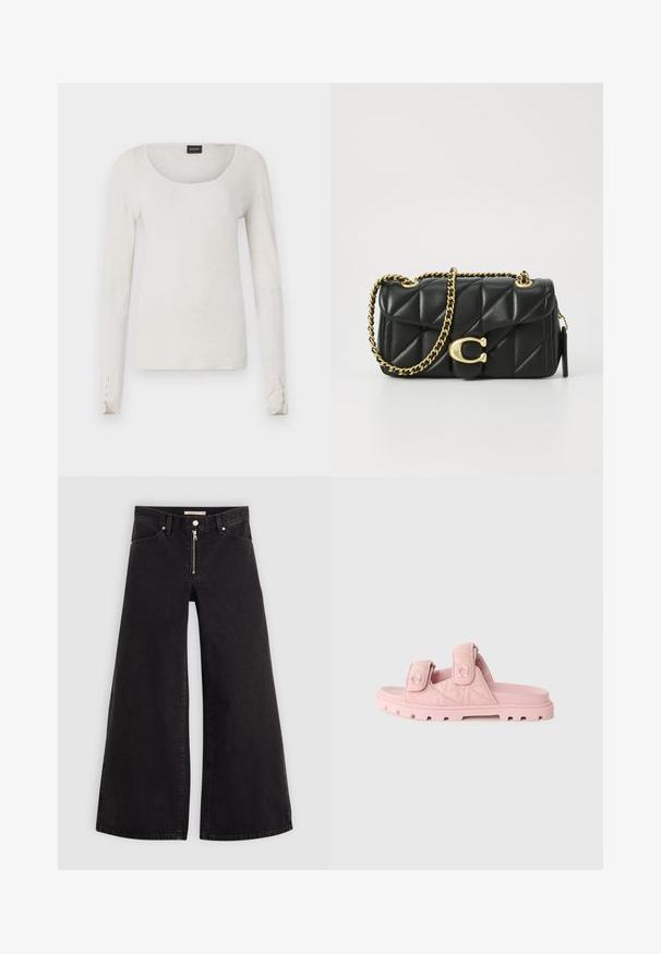 Langærmet lysegrå T-shirt i blød bomuld med rund hals og knapdetaljer ved manchetterne. Enkel og minimalistisk design.; Vide ben jeans i sort denim med lynlås foran, fem lomme-design og subtile stikninger. Glat tekstur og afslappet stil.; Lyserøde slidesandaler med to justerbare Velcro-stropper, tekstureret stofoverdel og en robust, tyk sål med dybe riller.; Sort quiltet læder håndtaske med en guldkæde skulderrem og en drejeklap med et cirkulært dekorativt element. Kompakt rektangulær facon.