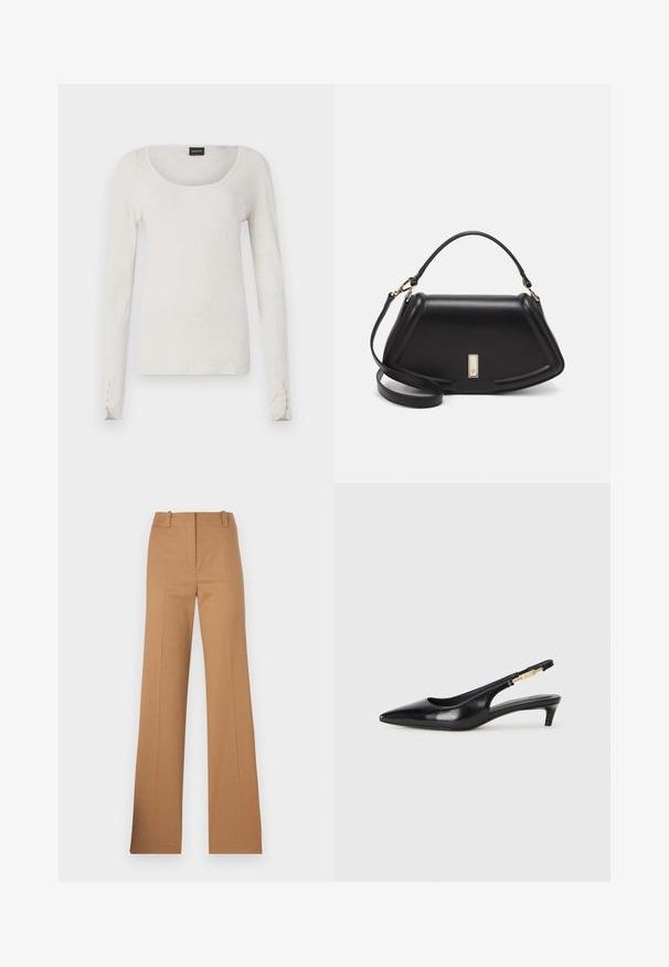 Dugih rukava svijetlosivi majica od mekanog pamuka s izrezom na vratu i gumbima na manžetama. Jednostavan i minimalistički dizajn.; HUGO HULANA - Chino hlače - open brown; Crne kožne sandale s petom, s izduženim vrhom, imaju usku petu i zlatni akcent na podesivoj traci. Glatka tekstura.; Crna kožna torba s strukturiranim dizajnom, s krojenim oblikom, gornjom drškom i zlatnim detaljima. Uključena je podesiva ramena traka.