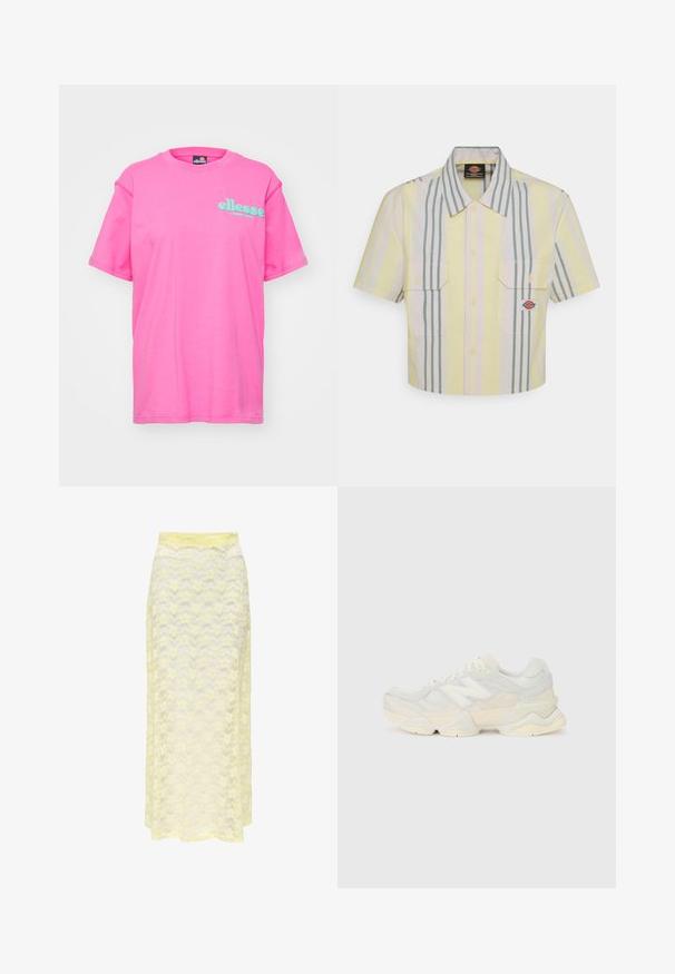 Ellesse CAMPOFELICE - Print T-shirt - pink; Cropped short-sleeve shirt in light yellow with vertical green and pastel stripes. Features two chest pockets and a logo patch on the left pocket.; Yellow lace maxi skirt with a wavy pattern, featuring a smooth waistband and soft, sheer texture. Designed for a flowy silhouette.; Lightweight sneaker featuring a mesh and suede upper in soft cream tones, with a chunky sole and three-dimensional accents.