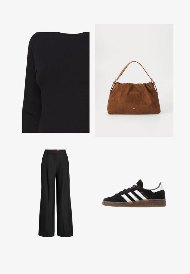 Zwart shirt met lange mouwen en ronde hals, weergegeven op een torso zonder zichtbare logo's of patronen.; Zwarte wijde broek met een tailored design, met plooien en een gladde stoftextuur. Strakke lijnen en geen zichtbare hardware of accenten.; Zwarte Adidas sneaker met witte strepen, gouden "Spezial" tekst, gumzool en witte hieltab, weergegeven in zijaanzicht.; Bruine suède handtas met een geplooid ontwerp, voorzien van een enkele tan kleur leren schouderband en een subtiele gouden logo-detail aan de voorkant.