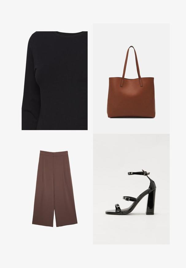 Black long-sleeve crew neck shirt displayed on torso without visible logos or patterns.; Brown wide-leg trousers with a smooth texture, featuring a high waist and front pleats. The fabric is lightweight and flows loosely.; Black patent heeled sandals with a square toe, ankle straps, and silver buckles. Features a chunky block heel for stability.; Brown leather tote bag with a smooth texture, open top design, and two shoulder straps. Features minimal stitching and no visible hardware.