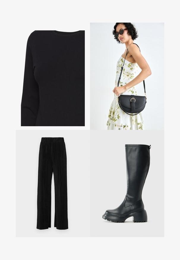 Maglietta nera a maniche lunghe con scollo rotondo, indossata su torso, senza loghi o motivi visibili.; Pantaloni neri a plissé con vita elasticizzata. Presentano gamba ampia e un tessuto liscio e texture con strisce verticali.; Stivale lungo in pelle nera con suola piatta robusta e tacco a blocco, dotato di linguetta e battistrada testurizzato sulla suola.; Borsa a tracolla nera in pelle con una forma curva, manico rimovibile e accessori dorati. La borsa presenta una patta con un dettaglio a fibbia.