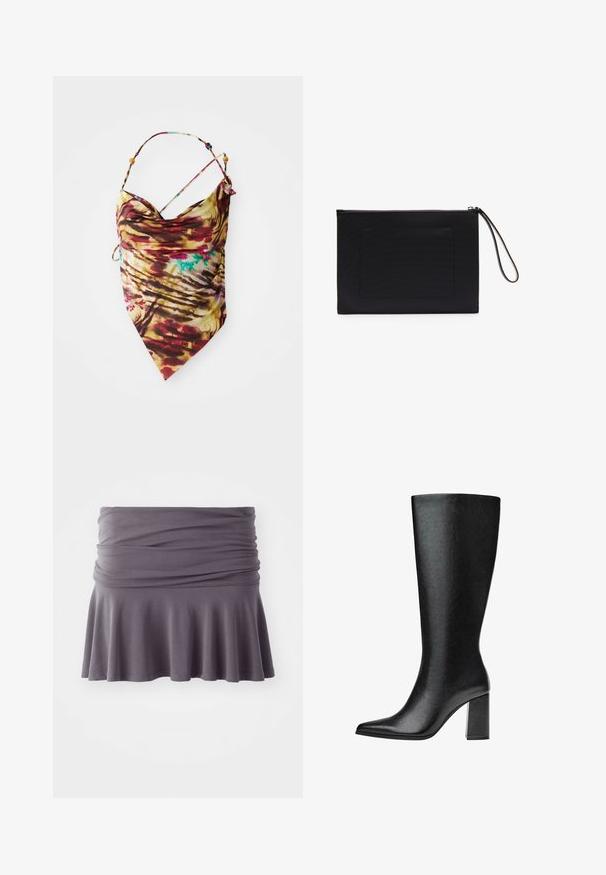 Halter top s viazaním na krku v batikovanom dizajne s tenkými popruhmi a korálkami, v mixe červenej, žltej, hnedej a náznakmi modrej, rozložený na bielom pozadí.; Sivá sukňa po kolená vyrobená z mäkkej tkaniny s nariaseným pásom a rozšíreným okrajom. Má hladkú textúru a jednoduchý dizajn.; Čierne vysoké čižmy po kolená vyrobené z umelej kože, s špicatou špičkou, hladkým povrchom a robustným blokovým podpätkom. Minimalistický design bez viditeľných akcentov.; Čierna kabelka na zápästie vyrobená z textúrovanej tkaniny s obdĺžnikovým tvarom, vybavená zipsom a popruhom na zápästie. Obsahuje predné vrecko.