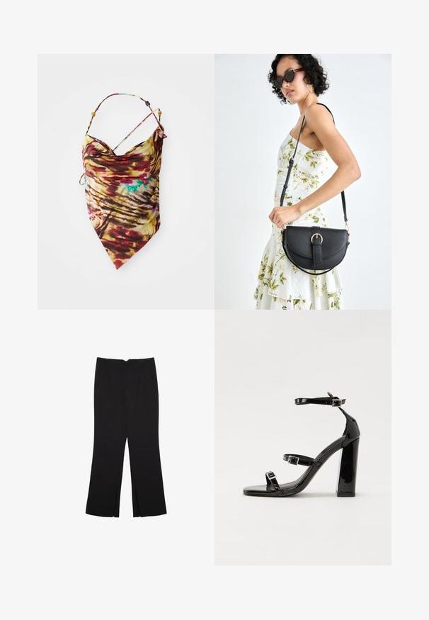 Top halter tie-dye con spalline sottili e dettagli in perline, caratterizzato da un mix di rosso, giallo, marrone e accenni di blu, disposto su uno sfondo bianco.; Pantaloni neri a gamba dritta, con tasche frontali e spacchi laterali all'orlo. Realizzati in tessuto morbido e liscio. Adatti a diverse occasioni.; Sandali con tacco in vernice nera, con punta squadrata, cinturini alla caviglia e fibbie in argento. Presentano un tacco a blocco spesso per maggiore stabilità.; Borsa a tracolla nera in pelle con una forma curva, manico rimovibile e accessori dorati. La borsa presenta una patta con un dettaglio a fibbia.