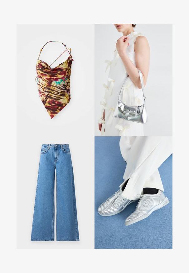 Tie-dye halterneck top med tynde stropper og perle detaljer, med en blanding af rød, gul, brun og strejf af blå, liggende fladt på hvid baggrund.; Vide ben blå denim jeans med høj talje, som har et klassisk fem-lomme design og syninger langs siderne for ekstra detalje.; Sølv athletic sko med en glat, skinnende finish, der har et syet design og nummer 90 på siden, parret med hvide bukser.; Sølvmetallic håndtaske med en struktureret form, der har et topgreb og en sløjfedetalje på forsiden. Glat tekstur, reflekterende finish.