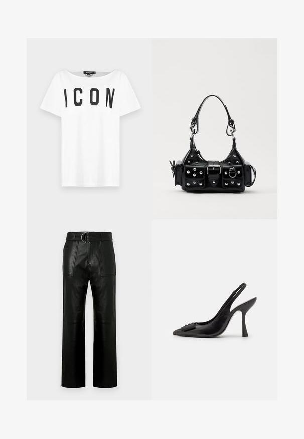 Weißes Baumwoll-T-Shirt mit lockerem, weitem Ausschnitt und kurzen Ärmeln, mit auffälligem schwarzen Druck, der "ICON" schreibt. Glatte Textur.; Hochtaillierte schwarze Lederhose mit weitem Bein, großen aufgesetzten Taschen vorne und einem passenden Gürtel mit Doppelringverschluss.; Schwarzer Leder-Slingback-Schuh mit spitzem Zehenbereich, schlankem High Heel und dekorativem Schleifenakzent. Glatte Textur und elegantes Design.; Schwarze Lederhandtasche mit einem geschwungenen Design, verziert mit silbernen Nieten, einer Schnalle und zwei seitlichen Taschen. Verstellbarer Träger für verschiedene Tragemöglichkeiten.