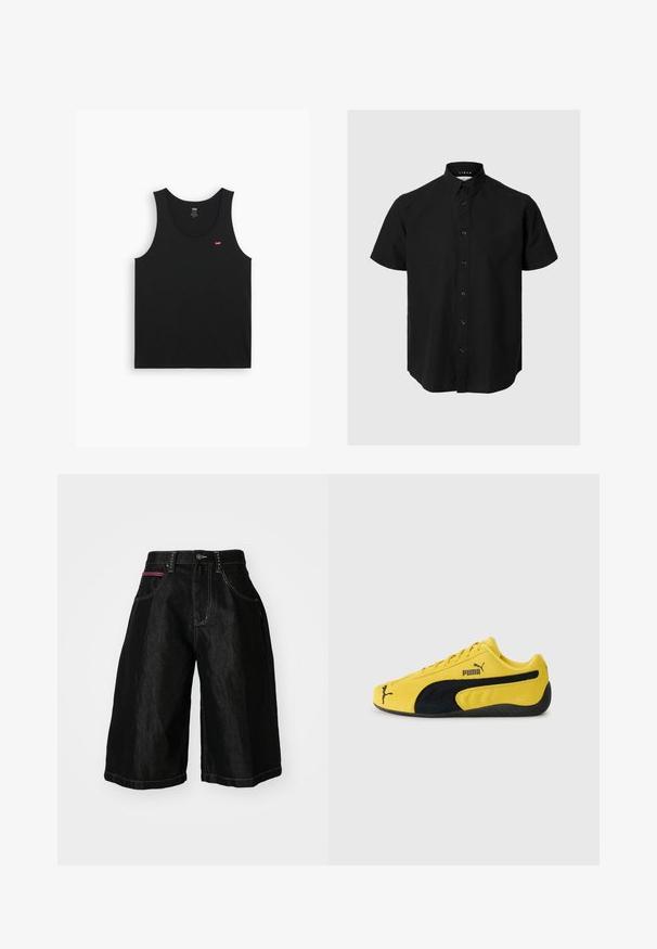 Camiseta de algodón negra sin mangas con escote redondo y tirantes anchos. Presenta un pequeño logo rojo en el área del pecho izquierdo. Textura suave.; Camisa de botones de manga corta negra, hecha de lino, con un cuello clásico, botones en la parte delantera y un dobladillo recto. Textura suave.; Shorts de mezclilla negra con piernas anchas, que cuentan con cinco bolsillos, un cierre de botón y costuras en contraste. Un bolsillo tiene un acento rojo.; Zapatillas de ante amarillas con acentos de ante negro. Presentan una suela texturizada, diseño de cordones y el logo de Puma en el costado y la lengüeta.