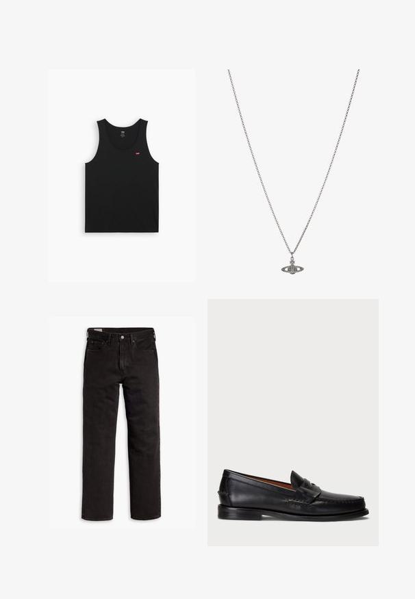Crni pamučni top bez rukava s okruglim izrezom i širokim naramenicama. Ima mali crveni logo na lijevoj strani prsnog dijela. Glatka tekstura.; Crne traperice ravnog kroja s pet džepova, kopčom na dugme i petljama za pojas, položene ravno na bijeloj pozadini.; Crne kožne mokasine s zaobljenim vrhom, prošivom detalja i dekorativnom trakom preko prednje strane. Ravni potplat s minimalnim profilom.; Srebrna ogrlica s lancem koja sadrži detaljan privjesak u obliku planete, ukrašen malim akcentima i složenim uzorcima.