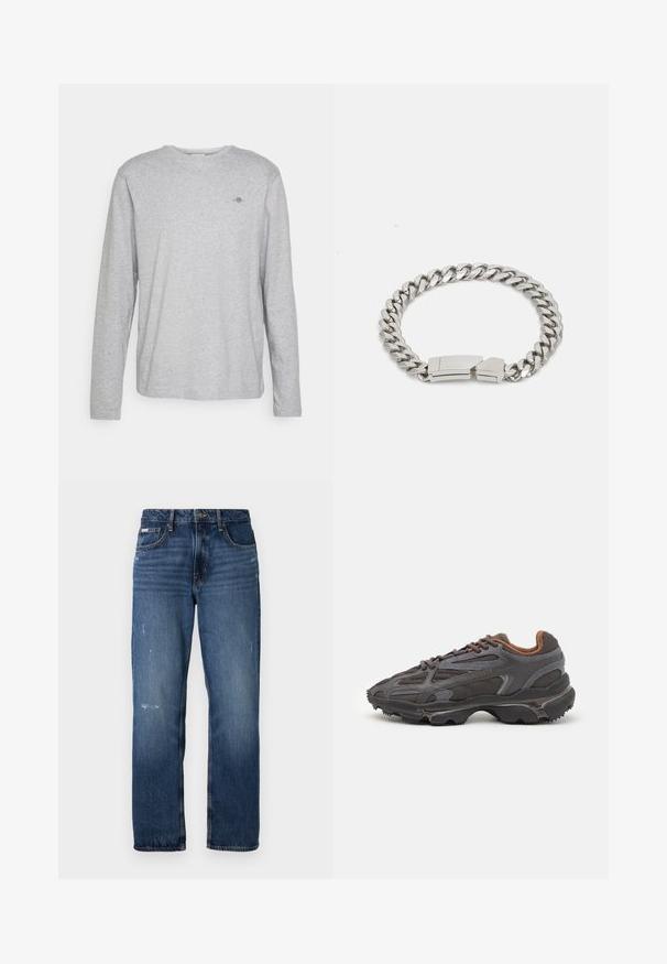 Long-sleeve gray cotton T-shirt with a crew neck and a small embroidered logo on the chest. Soft texture and relaxed fit.; Blue denim jeans with a straight leg design. Features faded areas and light distressing on the front, with a classic button closure.; Lacoste sneakers in dark gray with mesh and synthetic material, featuring a textured sole and brown accents on the collar and branding.; Calvin Klein ELECTRIC - Bracelet - silver-coloured