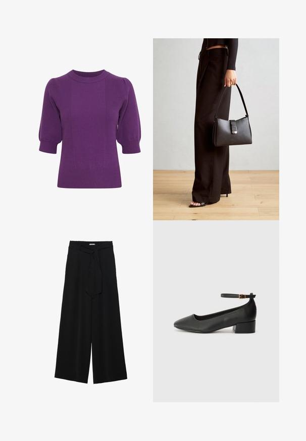 ICHI IHBOSTON SS - Maglione - imperial purple; Pantaloni neri a gamba larga caratterizzati da un tessuto testurizzato, una vita elastica e una cintura staccabile per una vestibilità regolabile.; Pump in pelle nera con punta affusolata e tacco basso a blocco. Presenta una cinghia alla caviglia con una fibbia in tonalità oro. Texture liscia.; Borsa nera con forma strutturata, texture liscia e una chiusura metallica. Abbinata a pantaloni neri larghi e sandali open-toe su un pavimento in legno.