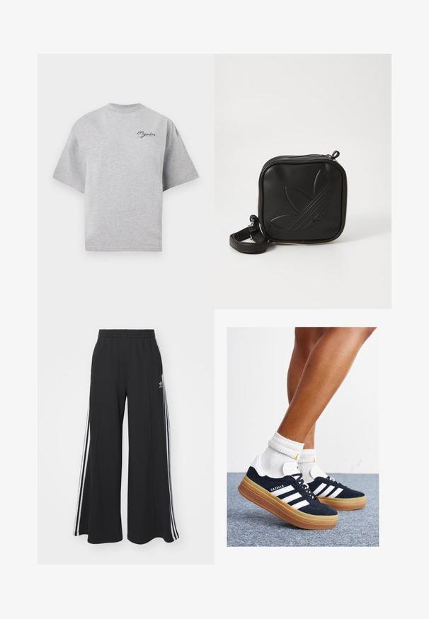 Gray oversized t-shirt made of cotton, featuring a crew neck, short sleeves, and a navy blue logo on the upper left side.; Black wide-leg sweatpants with an elastic waistband, featuring white side stripes and an embroidered logo on the left thigh.; Black suede sneakers with white stripes and accents, rounded toe, gum rubber outsole, paired with white ribbed crew socks.; Black square crossbody bag made of textured synthetic material. Features an embossed logo design and adjustable strap. Zipper closure.
