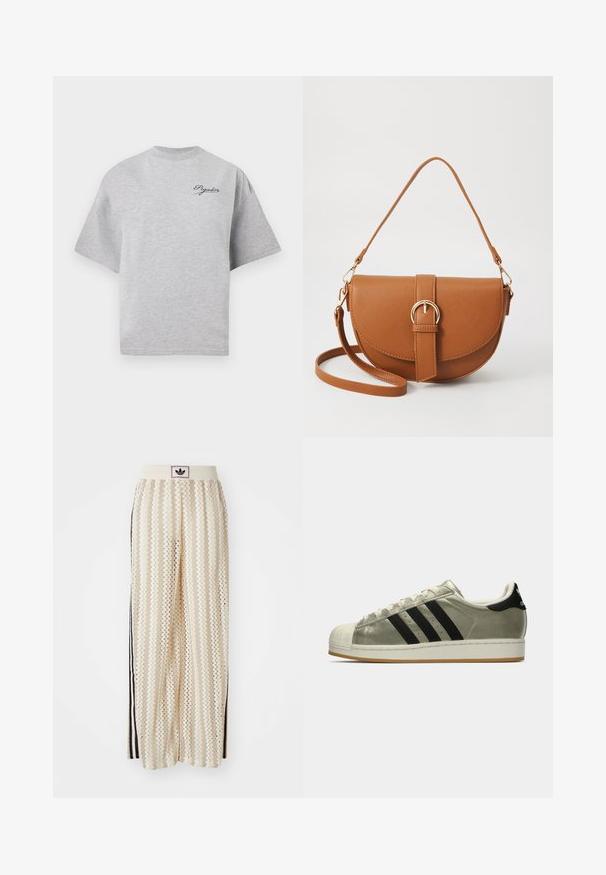 Grå oversized t-skjorte laget av bomull, med rund hals, korte ermer og en marineblå logo på øvre venstre side.; Kremfargede bukser med brede ben og zigzag-mønster, med en svart logo-linning og svarte striper på siden. Lett, teksturert stoff.; Adidas-sneakers med en metallisk olivenfarge på overdelen, tre svarte striper, gummitåhette og en såle av gummi. Klassisk design med teksturert stoff.; Brun lærcrossbody-veske med en buet form, gullhardware og et spenneakcent. Har en avtakbar skulderreim.