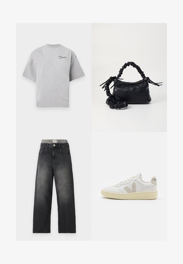 Pilkas per didelis marškinėliai, pagaminti iš medvilnės, su apvalia iškirpte, trumpomis rankovėmis ir tamsiai mėlynu logotipu viršutiniame kairiajame kampe.; Juodi džinsai su plačiomis kojomis ir houndstooth rašto juosmeniu. Pirmuose kišenėse ir su mygtuko uždarymu. Dėvėtas tekstūras.; Balti odiniai sportbačiai su kreminiais zomšos akcentais, perforuota pirštų dalimi, plokščiomis raišteliais ir struktūruota kreminėmis padomis. Ant kulno yra subtilus ženklinimas.; Juodas dirbtinės odos rankinė su krokodilo tekstūra, sušnibždinta viršuje ir susikraipytu dirželiu. Atrodo minkšta ir kompaktiška.