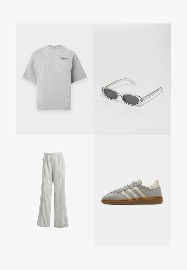 Camiseta de gran tamaño en color gris, hecha de algodón, con cuello redondo, mangas cortas y un logotipo en azul marino en la parte superior izquierda.; Pantalones deportivos de color gris claro con un corte holgado, elaborados con un tejido sintético suave. Cuentan con una cinturilla elástica y bolsillos laterales con cremallera.; Zapatillas de ante gris con rayas de cuero gris claro y suela de goma. Las características incluyen cierre con cordones y una marca sutil en la lengüeta.; Gafas de sol con forma ovalada, montura de plástico transparente, lentes gris oscuro y patillas delgadas y transparentes con acentos de logotipo y un diseño minimalista.; Bolso de mano beige hecho de material suave, con un diseño holgado, detalles cosidos y dos asas. Adecuado para uso diario.