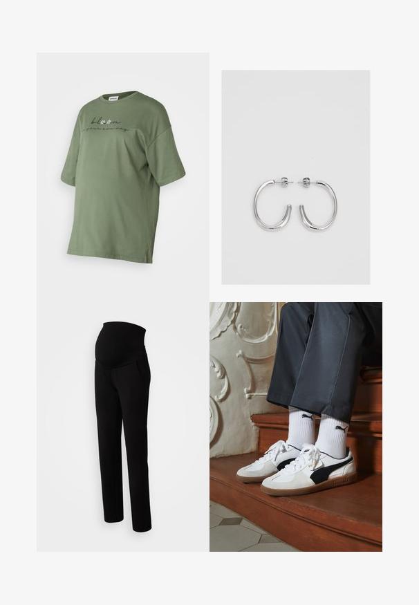 Olive green oversized cotton t-shirt with short sleeves, round neck, side slits, and printed text with floral accents on the front.; Maternity pants in black, featuring a stretchy waistband for comfort, side pockets, straight leg design, and soft fabric texture.; Puma sneakers in white and black suede, featuring a brown rubber sole. Paired with white socks displaying a black logo, worn with dark pants.; Silver hoop earrings with a smooth, shiny surface, featuring a curved shape and post-back closure. Minimalist design with a modern finish.