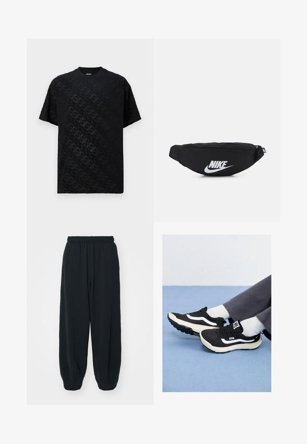Black short-sleeve t-shirt featuring a textured, patterned surface with a geometric design, round neckline, and relaxed fit.; Black, elasticated-waist sweatpants with a loose fit, cuffed ankles, smooth texture, and no visible patterns or hardware accents.; Black sneakers with white accents, mesh and rubber materials, featuring a textured sole and heel tab. Worn with white socks and gray pants.; Black nylon fanny pack with a zippered closure, featuring a large white Nike logo. Smooth texture and ergonomic design for comfortable wear.