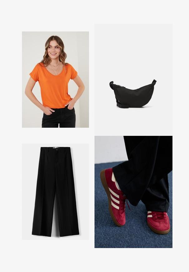 Oranje V-hals T-shirt van zachte stof met opgerolde korte mouwen, gecombineerd met zwarte broek. Eenvoudig ontwerp, zonder patronen of opvallende accenten.; Zwarte wijde broek van lichtgewicht stof, met een knoopsluiting aan de voorkant en een vlakke achterkant, afgewerkt met keurig gestikte zoom.; Rode suède sneaker met witte strepen, vetersluiting en een gestructureerde bruine rubberen zool. Gecombineerd met zwarte broek, tegen een blauwe vloerbedekking.; Zwarte stoffen schoudertas met een gebogen vorm, ritssluiting, verstelbare schouderband en een klein zijvak voor extra opbergruimte.
