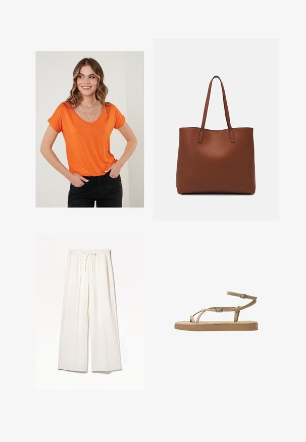Oranžna V-izrez majica iz mehkega blaga s povitimi kratkimi rokavi, v kombinaciji s črnimi hlačami. Preprost dizajn, brez vzorcev ali opaznih poudarkov.; Bela široka hlače iz lahkega materiala, z elastičnim pasom, vrvico in stranskimi žepi brez vidnih vzorcev.; Peščane sandale s tankimi trakovi, podrobnostjo na zaponki in oblazinjeno podplatom. Trakovi so izdelani iz mehkega materiala, zasnovanega za udobje in zračnost.; Rjava usnjena torba z gladko teksturo, odprto zasnovo zgoraj in dvema naramnima trakovoma. Opremljena je z minimalnim šivanjem in brez vidnih kovinskih delov.