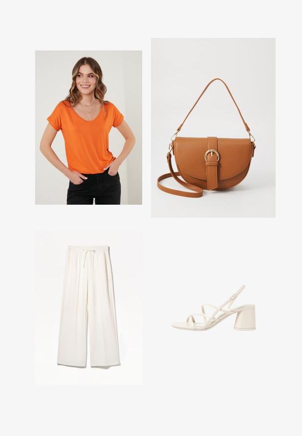 Oranžové tričko s výstřihem do V z měkké látky s krátkými zahnuto-krajkovými rukávy, kombinované s černými kalhotami. Jednoduchý design, bez vzorů nebo výrazných akcentů.; Bílé široké kalhoty vyrobené z lehkého materiálu, s elastickým pasem, tkaničkou a bočními kapsami, bez viditelných vzorů.; Béžové sandály na podpatku s tenkými překříženými pásky, otevřenou špičkou a čtvercovým blokovým podpatkem. Hladký lakovaný povrch, nastavitelný pásek kolem kotníku.; Hnědá kožená křížová taška s zakřiveným tvarem, zlatými detaily a akcentem s přezkou. Obsahuje odnímatelný popruh na rameno.