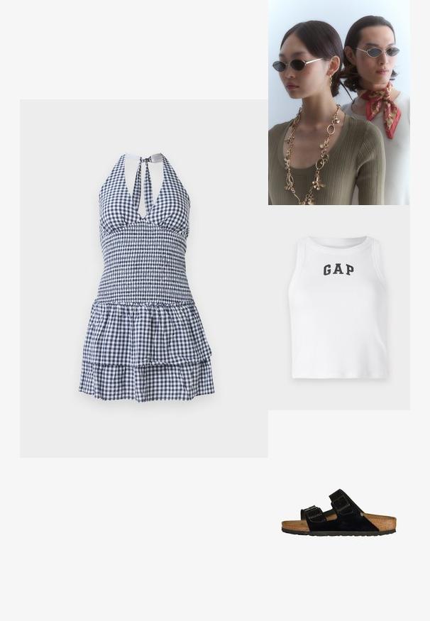 Valkoinen ilman hihoja oleva crop-top, joka on valmistettu ribbikankaasta ja jossa on musta "GAP" -logo edessä. Pyöreä kaula-aukko ja siistit saumat.; Navy ja valge ruuduline suvekleit, millel on sobiv keha, halterneck, avatud selg ja kihiline volangääre.; Musta patentoitu nahkaisandaalit, joissa on kaksi säädettävää hihnaa, korkkijalkatuki ja kumipohja, joissa on sileä pinta ja minimalistinen muotoilu.; Pyöreät aurinkolasit, joissa on tummat linssit ja ohuet hopeakehykset. Yhdellä henkilöllä on päällään kultaketju, kun taas toisella on punainen kuvioitu huivi.; Burgundy olkalaukku, joka on valmistettu kiiltävästä materiaalista ja jossa on kaareva muoto ja rypytetty pinta. Mukana on lyhyt kahva ja näkyvä vetoketjukiinnitys.