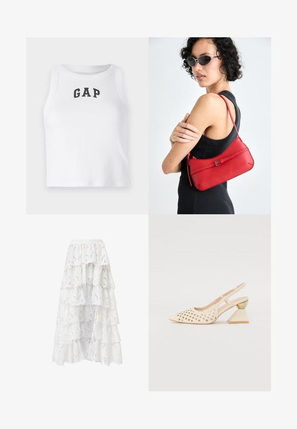 Weißes ärmelloses Crop-Top aus geripptem Stoff mit einem schwarzen "GAP"-Logo auf der Vorderseite. Rundhalsausschnitt mit sauberen Nähten.; Weiße Spitzenbluse mit einem runden Ausschnitt, puffärmeligem kurzen Ärmeln und floralem Muster. Mit Knopfverschluss und durchscheinendem Stoff.; Weißer Spitzrock mit einer gestuften Gestaltung und gewellten Kanten. Das Material hat ein florales Muster und eine Struktur, die ein geschichtetes Aussehen erzeugt.; Beige Slingback-Schuh mit Perforierung im Obermaterial, spitzer Zehenpartie und einem kontrastierenden dreieckigen Absatz mit einem goldenen Akzent. Insgesamt glatte Textur.; Rote Ledertasche mit glatter Textur, geschwungenem Design und dekorativem Schnallenakzent. Verstellbarer Schulterriemen und Reißverschlussverschluss.