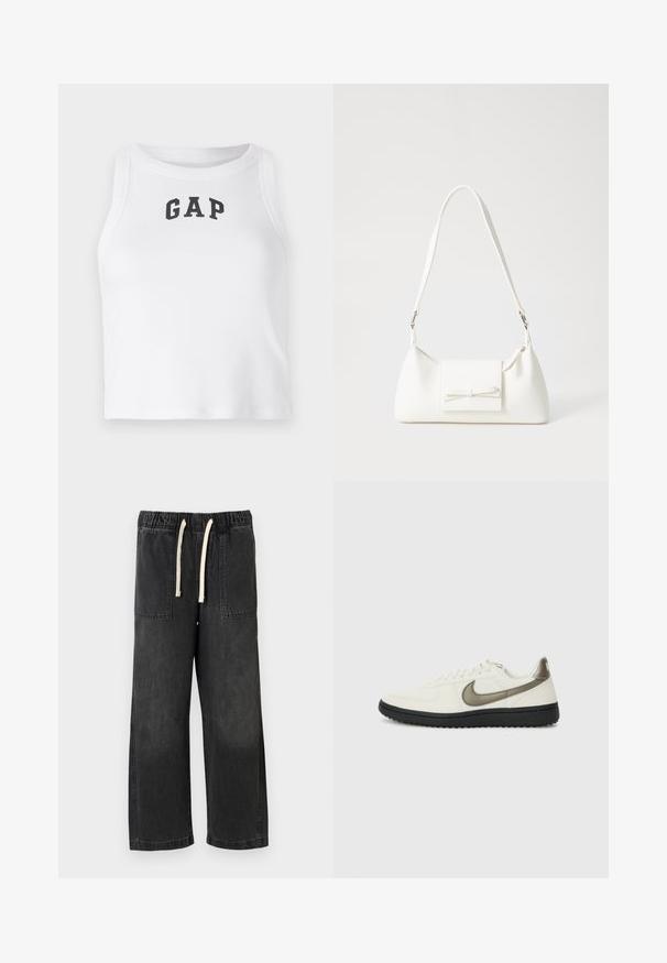 Hvid ærmeløs crop top lavet af ribbet stof med et sort "GAP" logo foran. Rund halsudskæring med rene sømme.; Sorte denimbukser med afslappet pasform, udstyret med en elastisk talje og cremefarvet snørebånd, to forlommer og synlige syningsdetaljer.; Nike Sportswear FIELD GENERAL - Sneakers - off-white/black; Hvid syntetisk håndtaske med en trekantet form, flad forsideklap og sløjfedetalje, justerbar strop, glat tekstur og minimalistisk design.