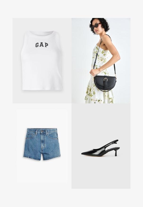 White sleeveless crop top made of ribbed fabric featuring a black "GAP" logo on the front. Rounded neckline with clean seams.; Denim shorts in light blue, featuring five pockets, a zip fly, and a button closure. The hem is frayed with a relaxed fit design.; Black patent leather slingback heels with a pointed toe, thin heel, and adjustable buckle strap. Smooth texture with minimal detailing.; Black leather handbag with a curved shape, detachable strap, and gold hardware. The bag features a flap with a buckle detail.